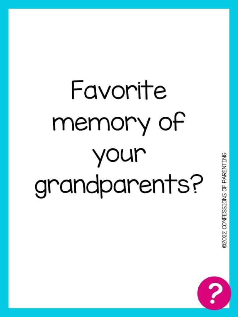 Favorite things card with question written in black on a white background with a blue border and a pink question mark in the corner. 