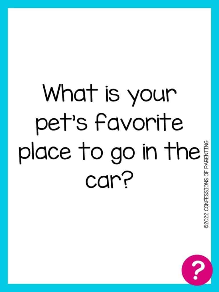 Favorite things card with question written in black on a white background with a blue border and a pink question mark in the corner. 
