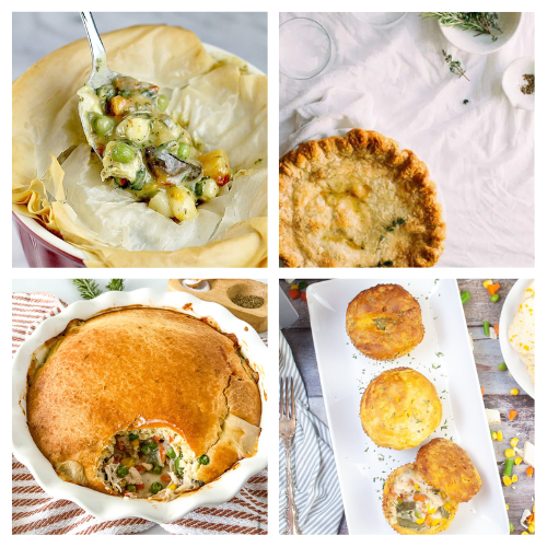 Image with 4 pictures of pot pies on it that are linked below