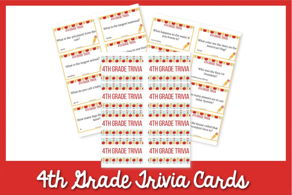 Examples of the 4th Grade trivia cards with a red border. 