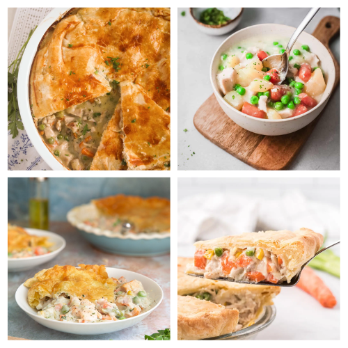 Image with 4 pictures of pot pies on it that are linked below
