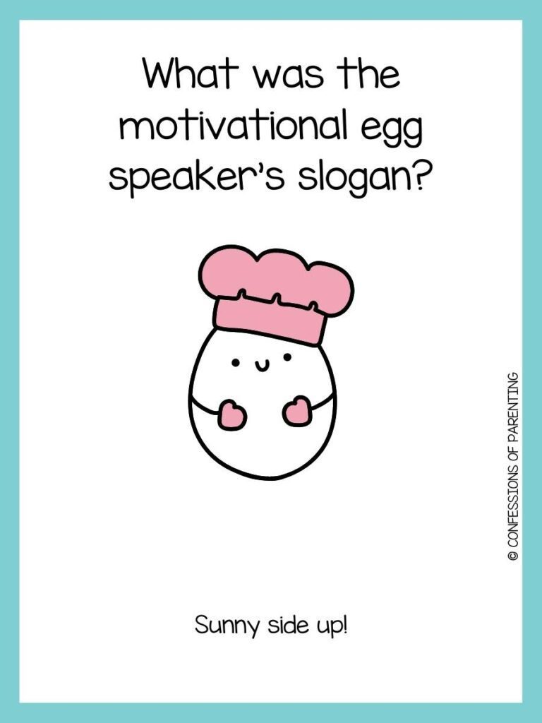 Egg joke card with an egg wearing a pink hat and mittens on a white background with a light blue border.