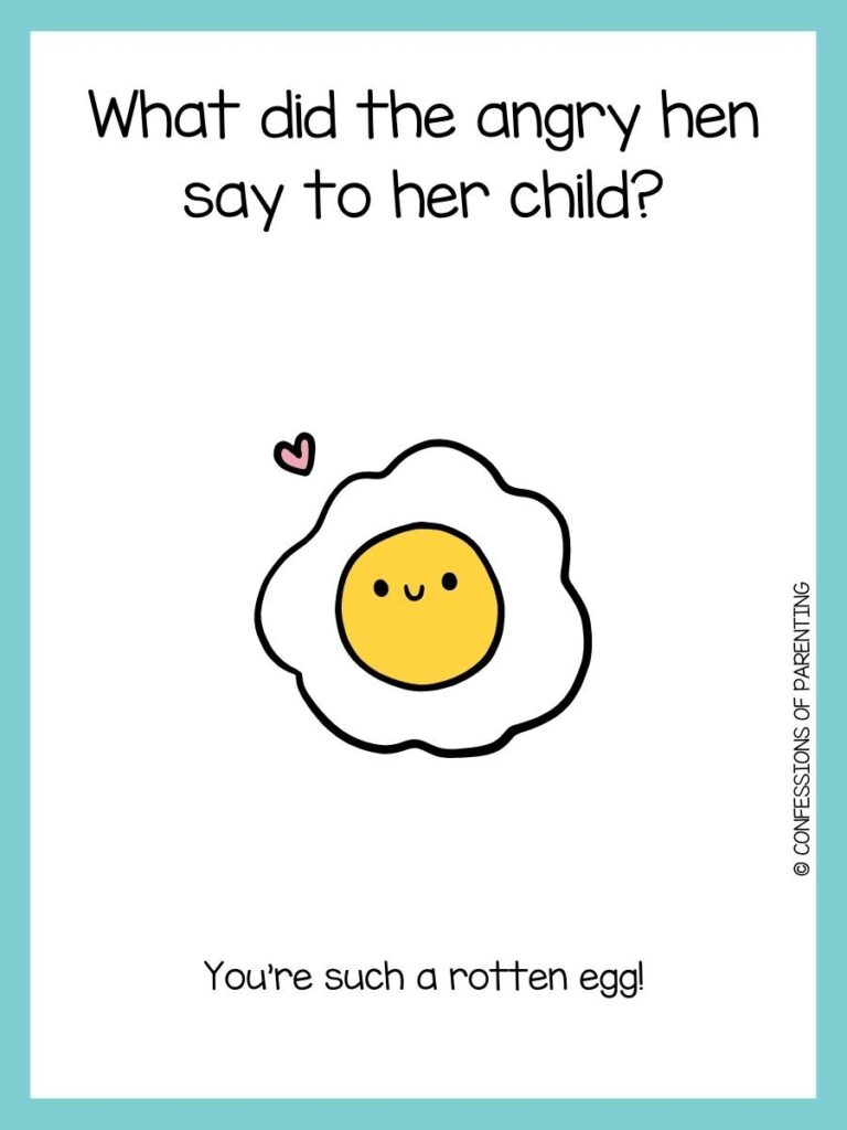 Egg joke card with a picture of a cracked egg with a pink heart on white background with a light blue border.