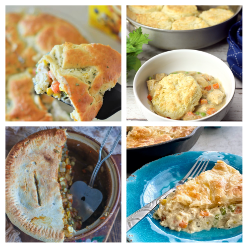 Image with 4 pictures of pot pies on it that are linked below