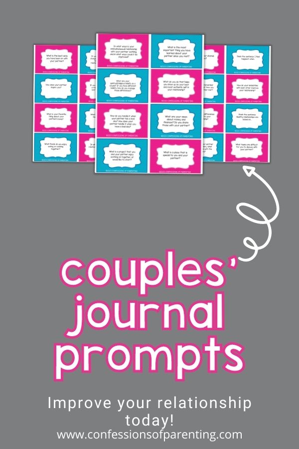 White words outlined in pink on gray background and white arrow pointing to images of couples journal prompts