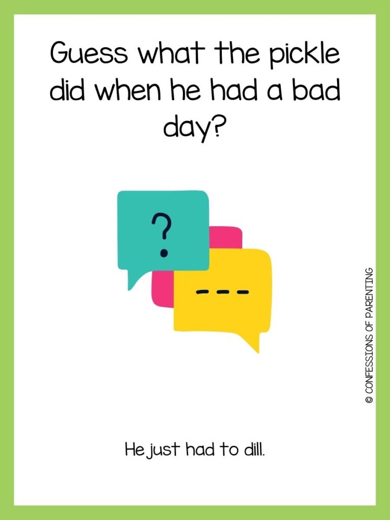 Black text with blue, pink and yellow speech bubbles on white background with green border