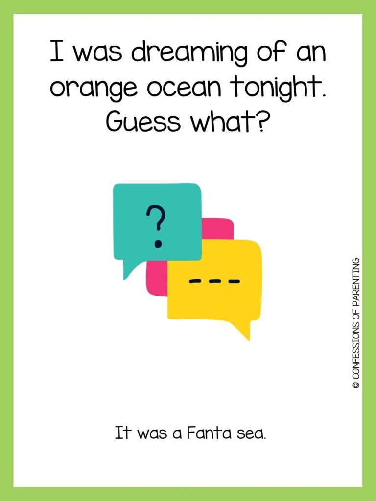 Blue, yellow, and pink speech bubbles overlayed on white background with joke and green border