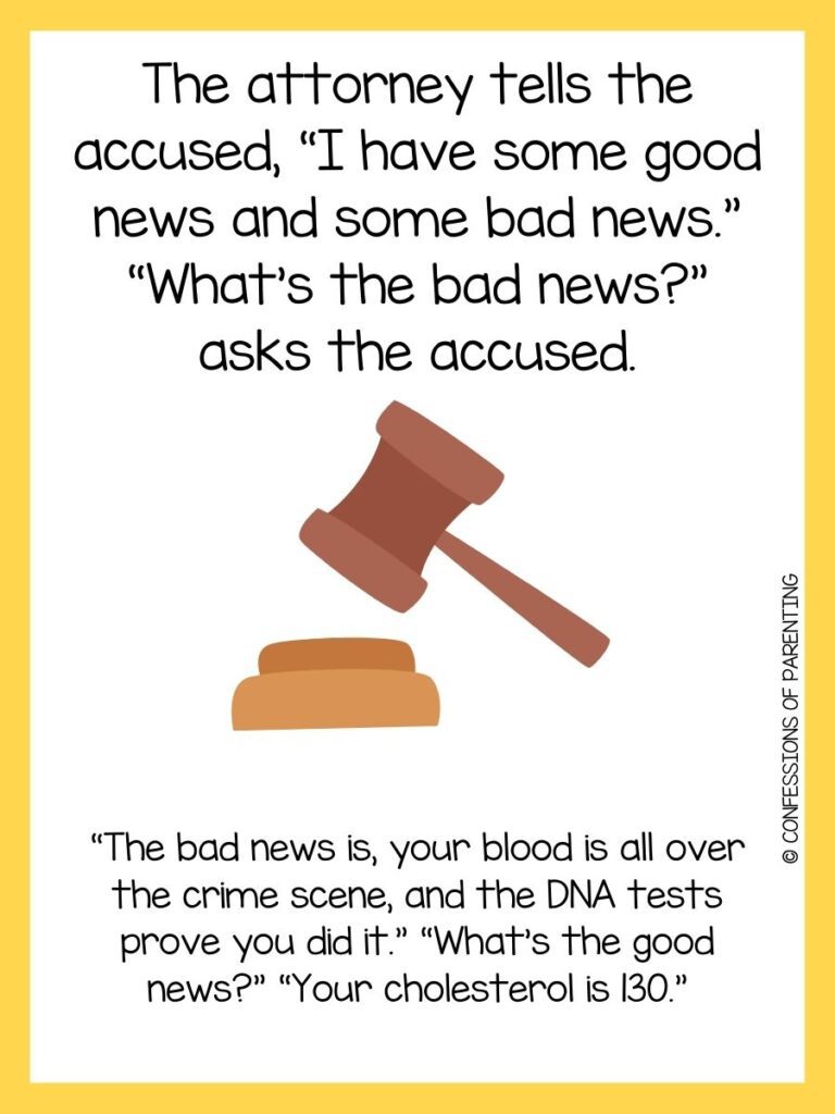Brown gavel with black text above and below on white background with yellow border
