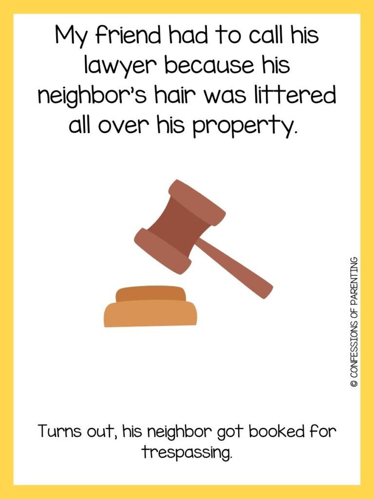 Brown gavel with black text above and below on white background with yellow border