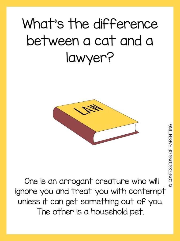 Lawyer joke and yellow and brown law book on white background with yellow border