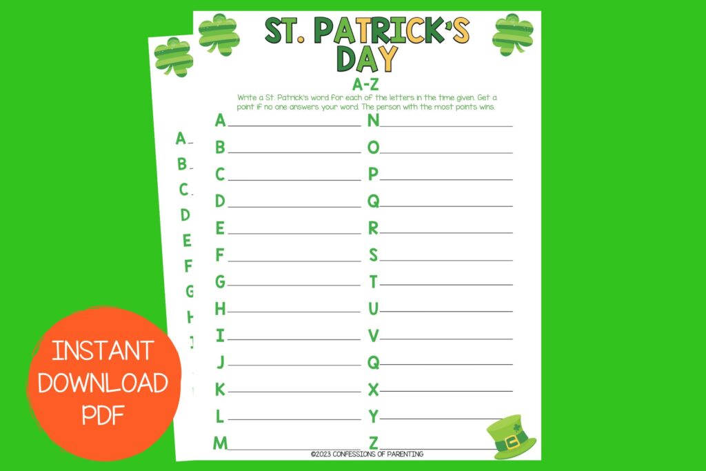 St. Patrick's Day A-z PDF on green background 