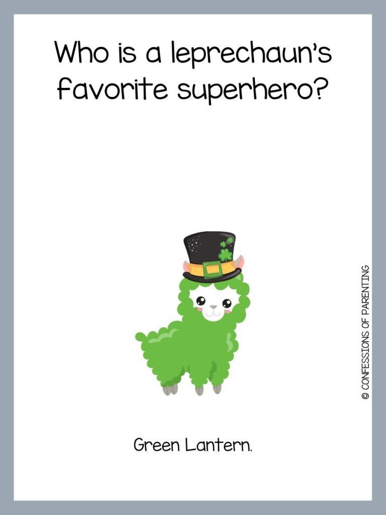 Green llama wearing black leprechaun hat with yellow band, green buckle and green shamrocks on white background with black text and grey border