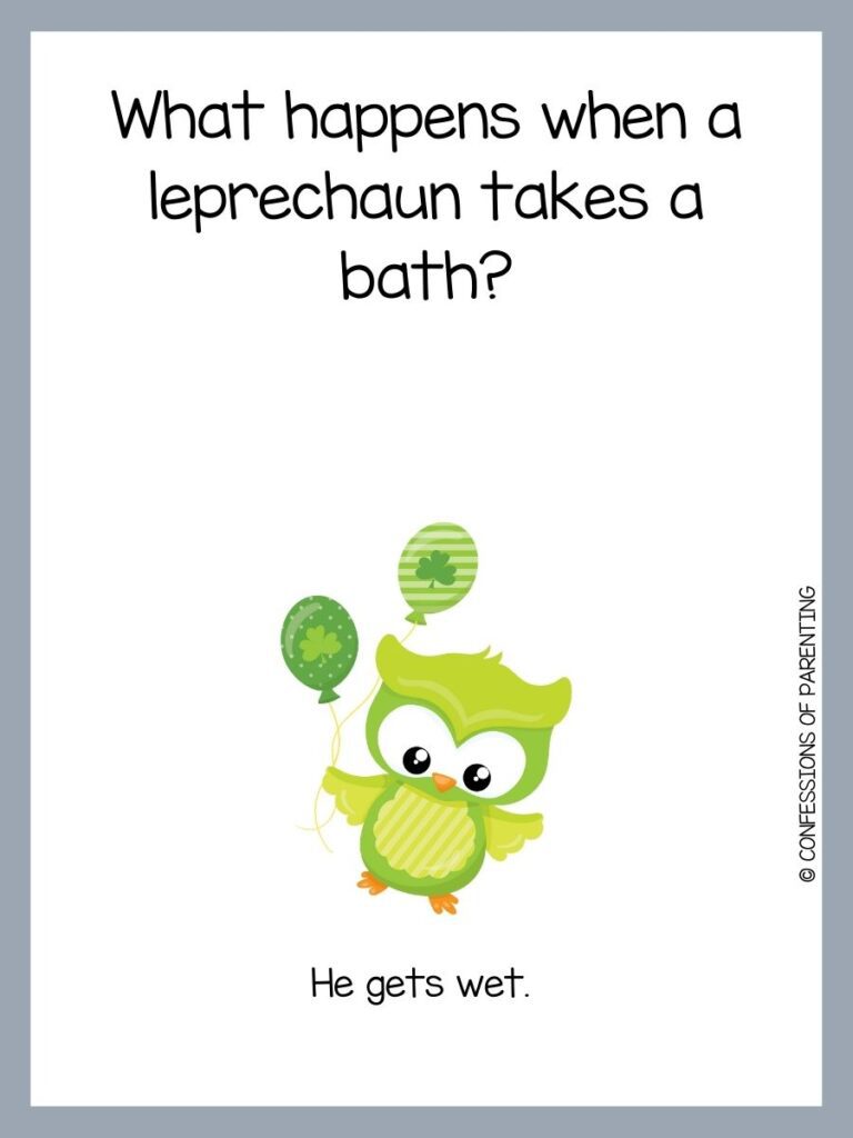 Green owl holding two green ballons with shamrocks on them on white background with black text and grey border