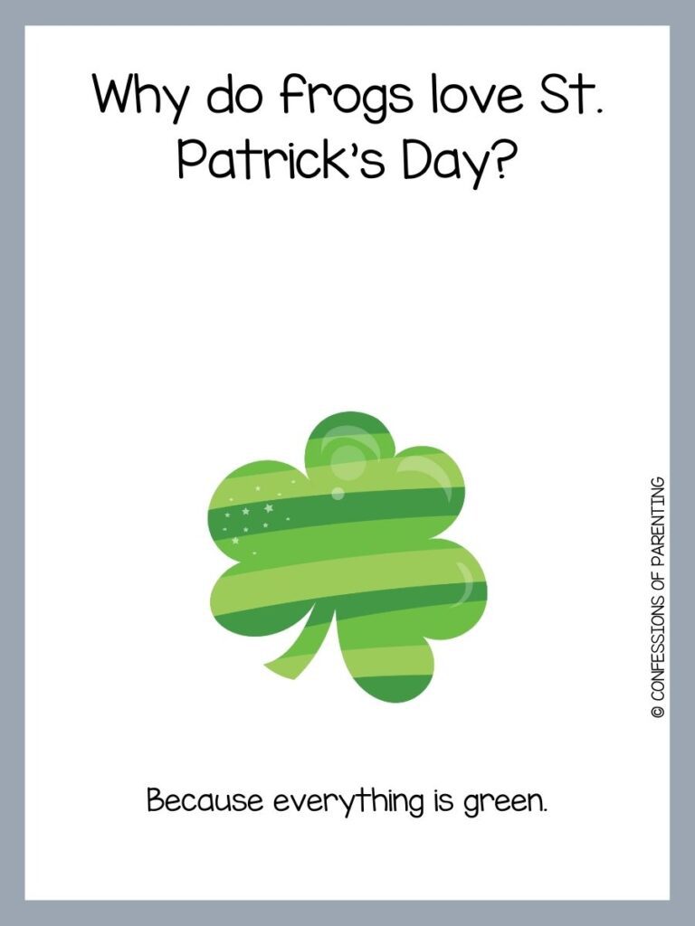 Green striped shamrock on white background with grey border and black text