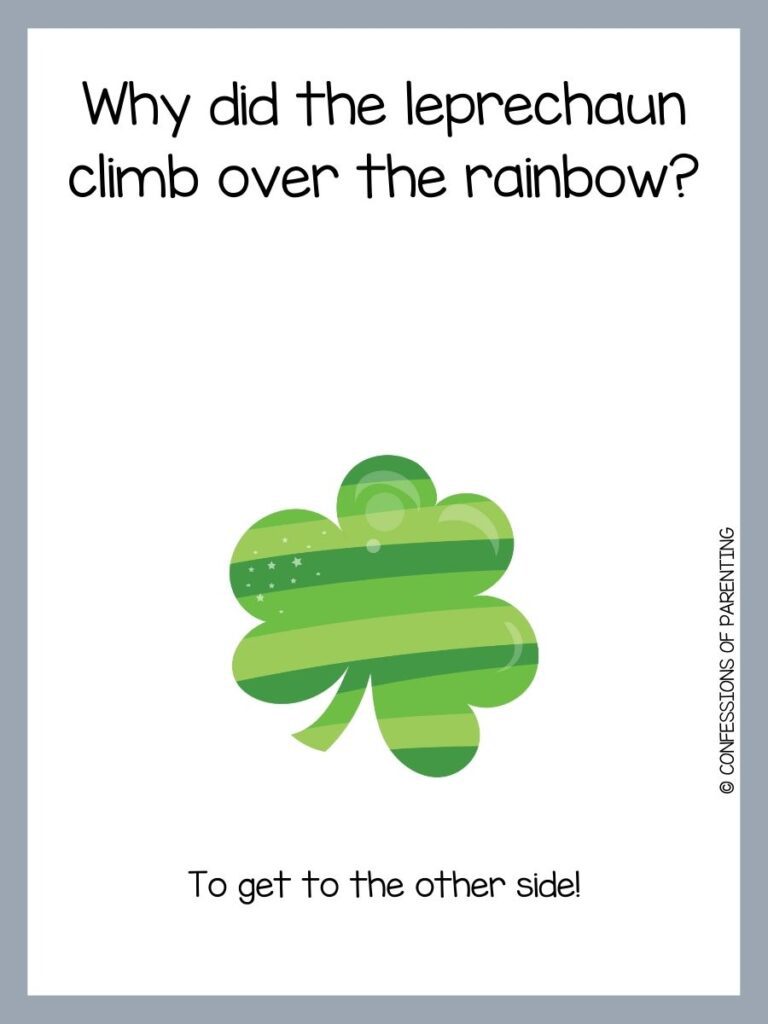 St Patrick's Day joke and green striped shamrock on white background with grey border