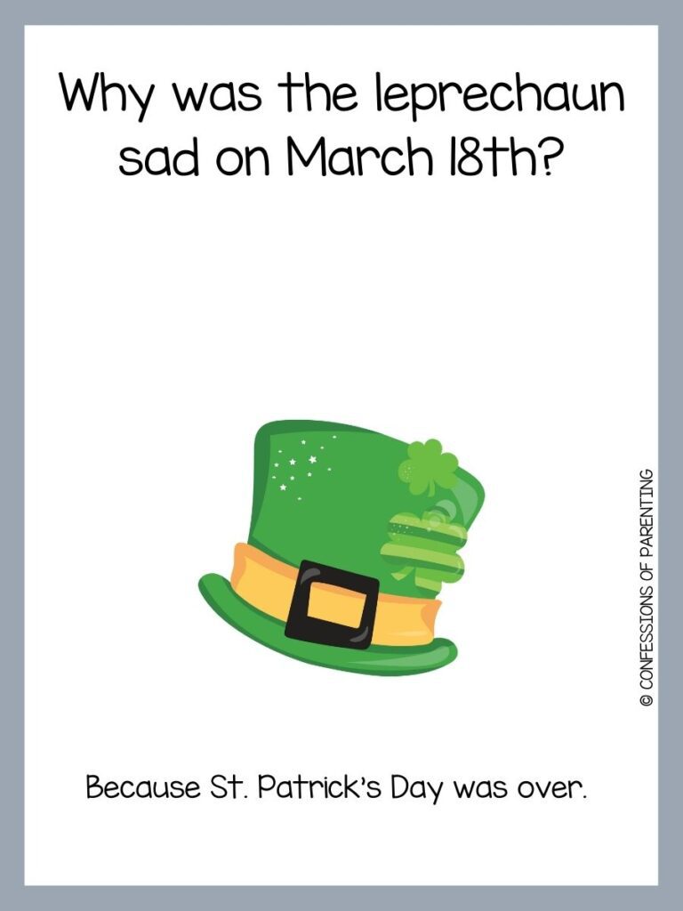 Green top hat with yellow band and black buckle decorated with shamrocks on white background with black text and grey border