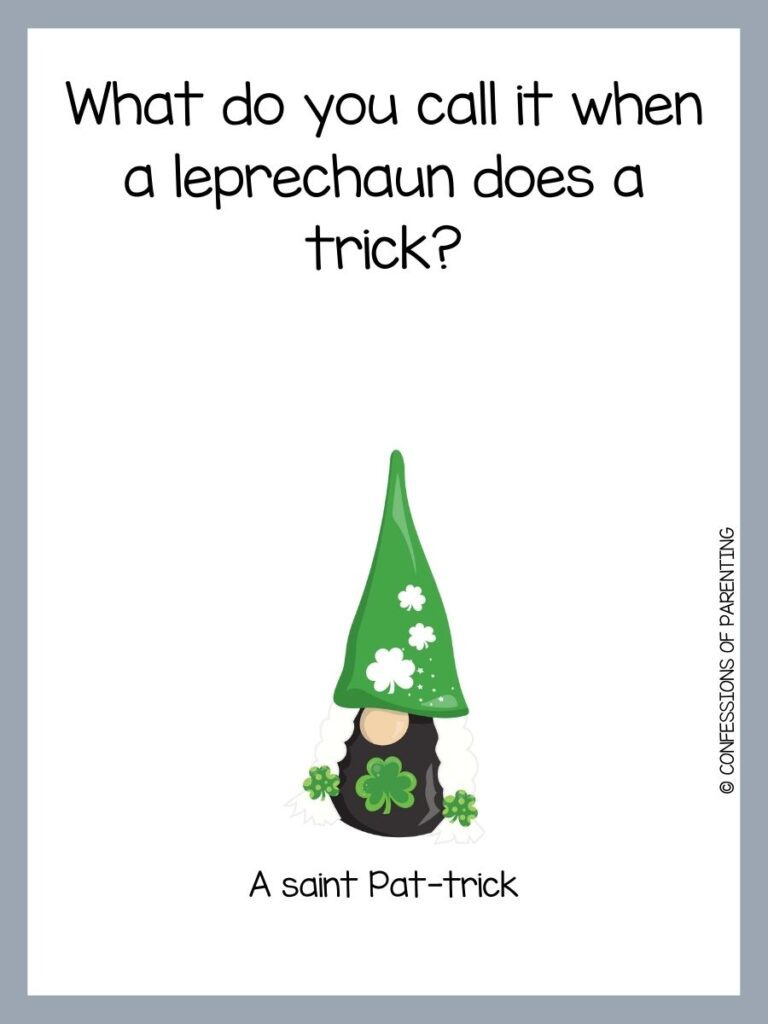 Gnome with two white braids and tall triangle-shaped green hat decorated with shamrocks on white background with St. Patrick's day joke and gray border