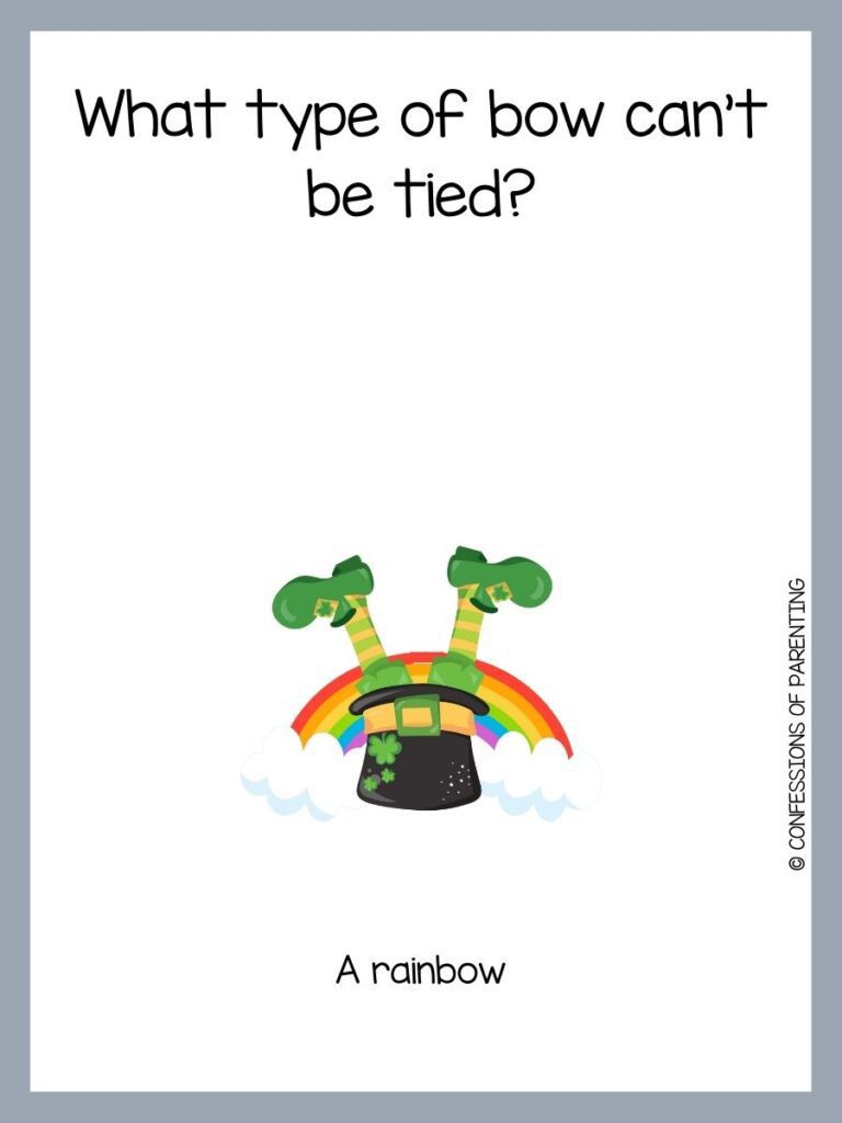 Two yellow and green striped legs with green shoes and yellow buckles sticking up out of a black top hat with a yellow band and green buckle decorated with shamrocks all in front of a rainbow. White background, black text and grey border