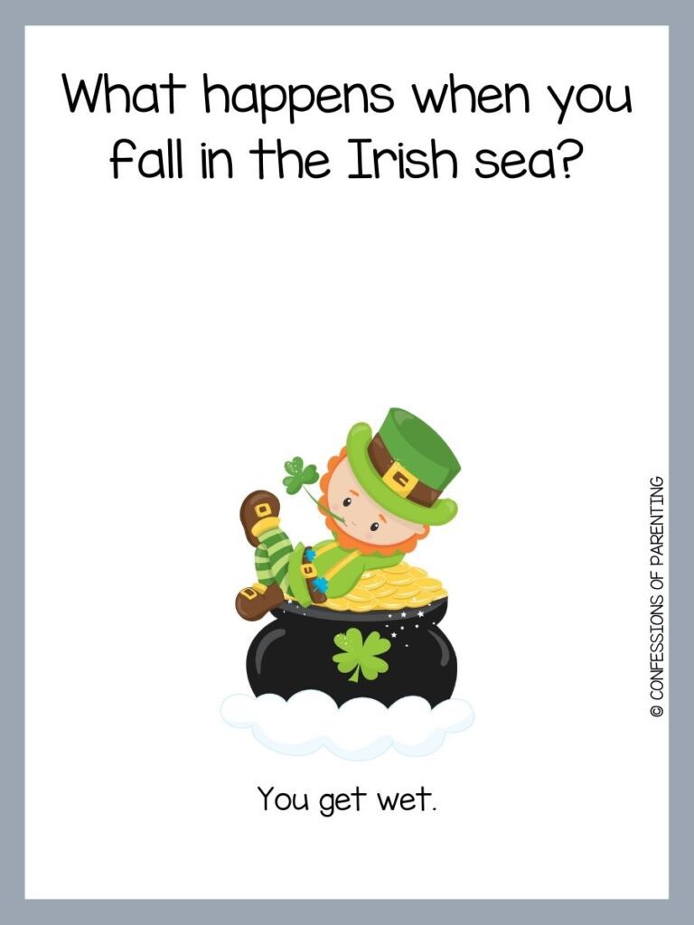 Leprechaun with orange beard and green clothing with shamrock stem in his mouth laying back on the top of a black pot of gold on top of a cloud with a four-leaf clover on the front of the pot. All on white background with black text and grey border