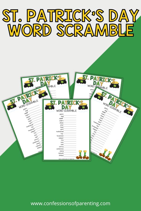 white and green background with 5 St. patrick's day word scramble PDF