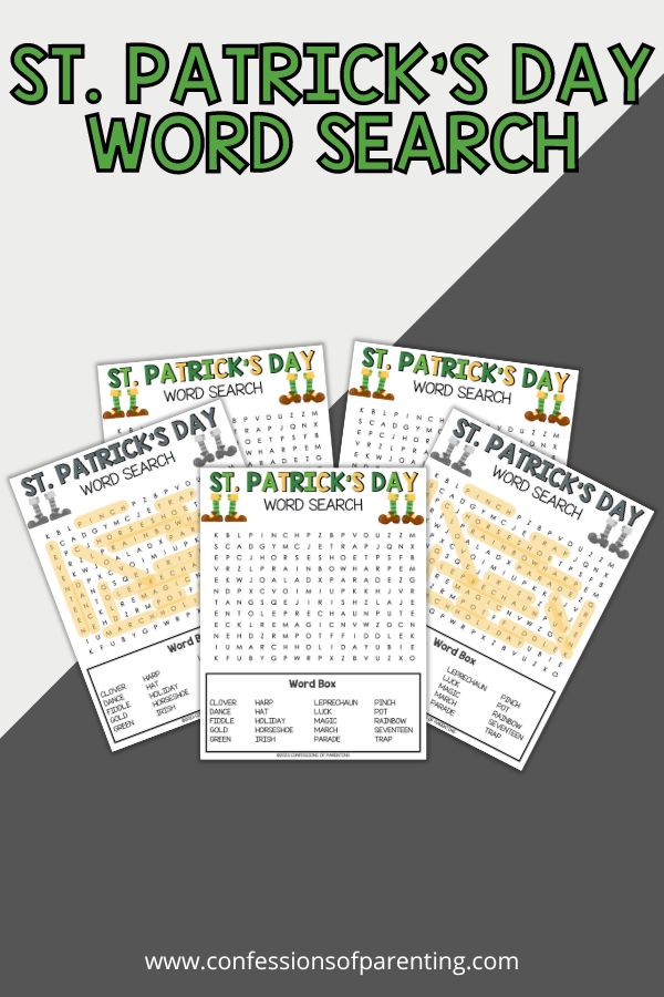 white and gray background with 5 St. patrick's day word search  PDF