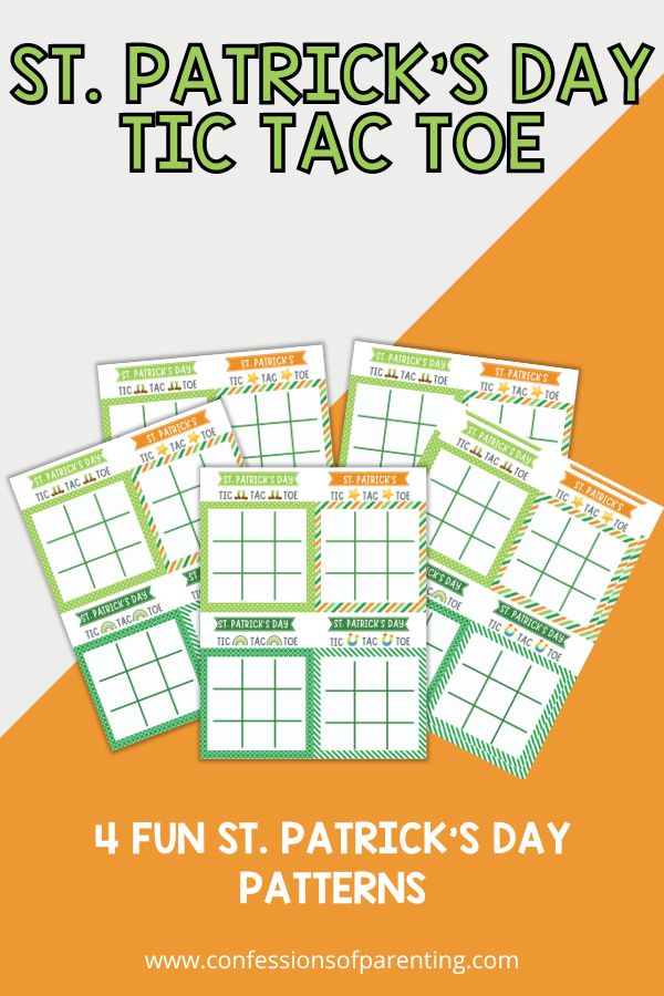 5 30+ St. Patrick's Day Tic Tac toe board on an orange and white background