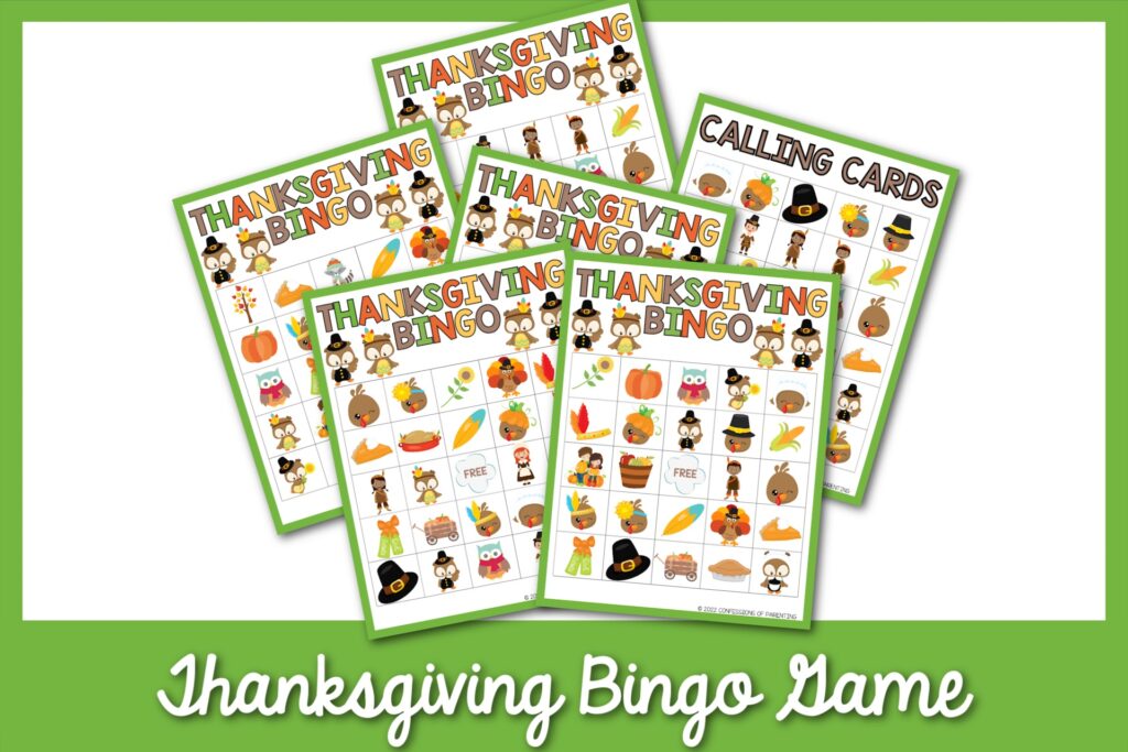 Examples of the Thanksgiving-themed bingo cards with a green border. 