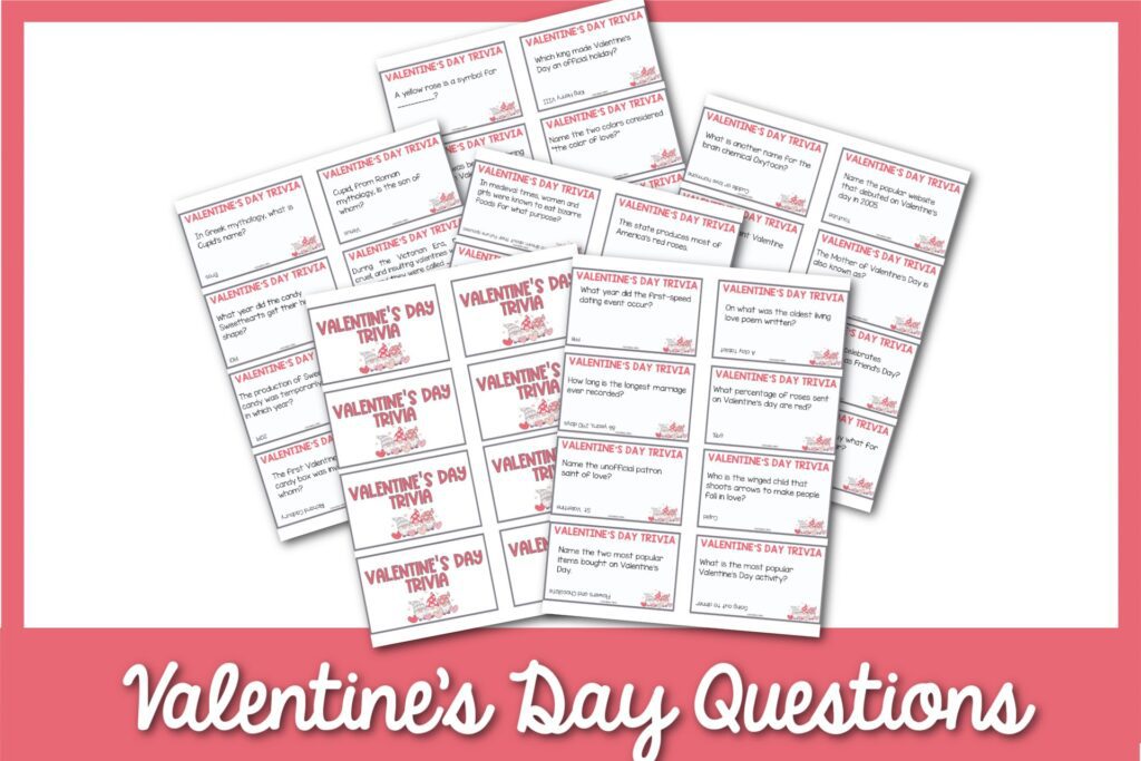 Examples of the valentine's day themed trivia cards with a pink border. 