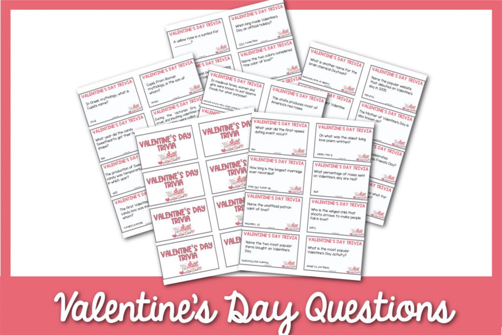 Valentines Day Trivia Cards PDF with pink border with white text in script "Valentines Day Questions"