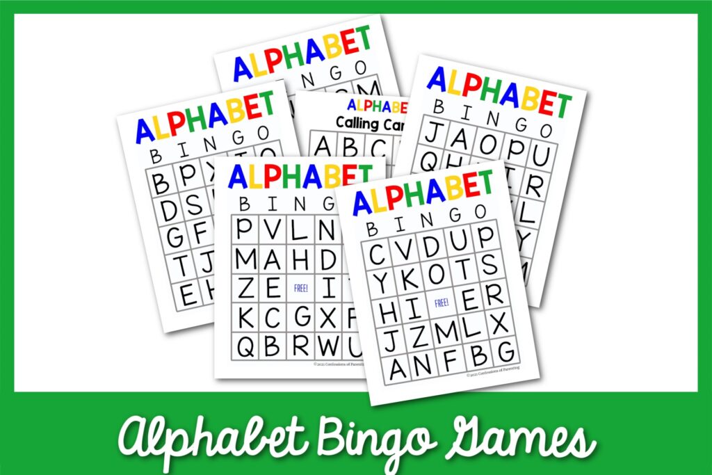 Examples of the Alphabet Bingo cards with a green border. 