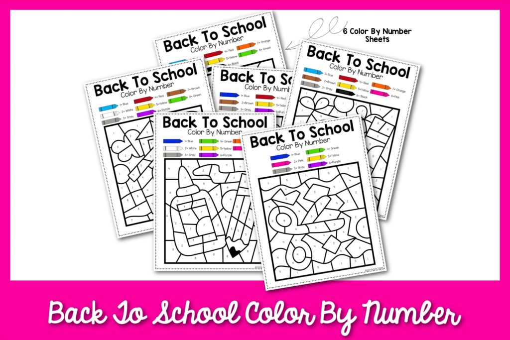 Examples of the printable back to school-themed color by number worksheet with a bright pink border. 