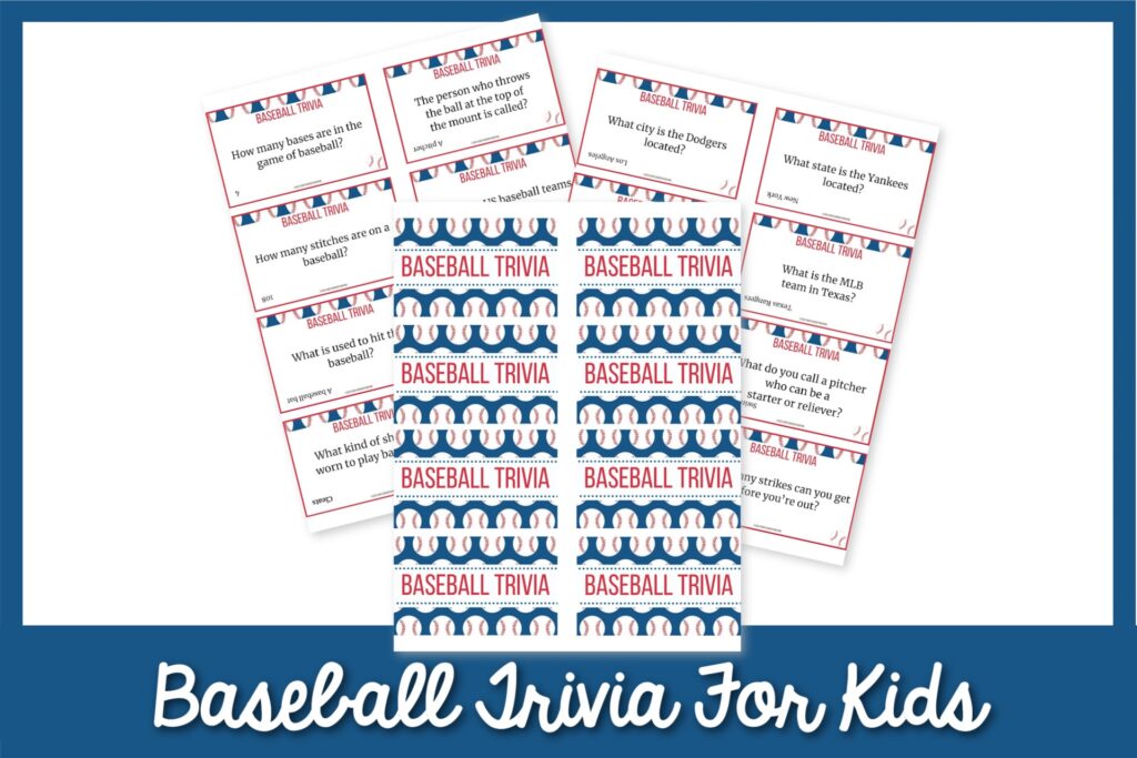 Examples of baseball-themed trivia cards for kids with a blue border. 