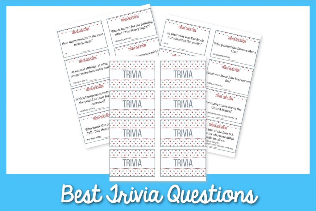 Examples of the best trivia question cards with a blue border. 