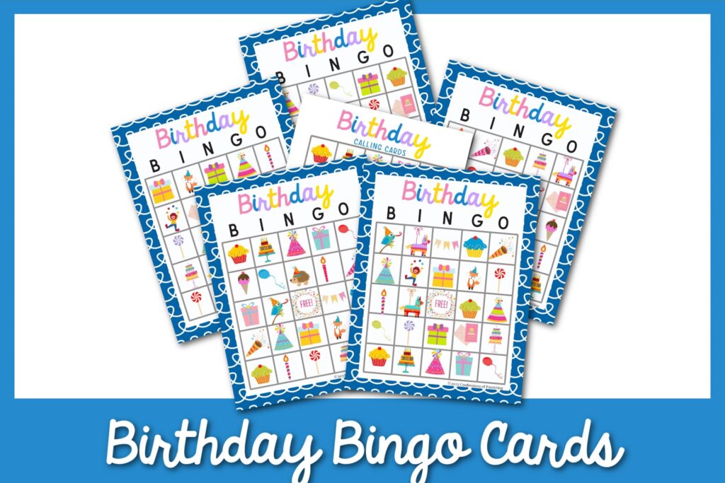 Examples of birthday-themed bingo cards with a blue border. 