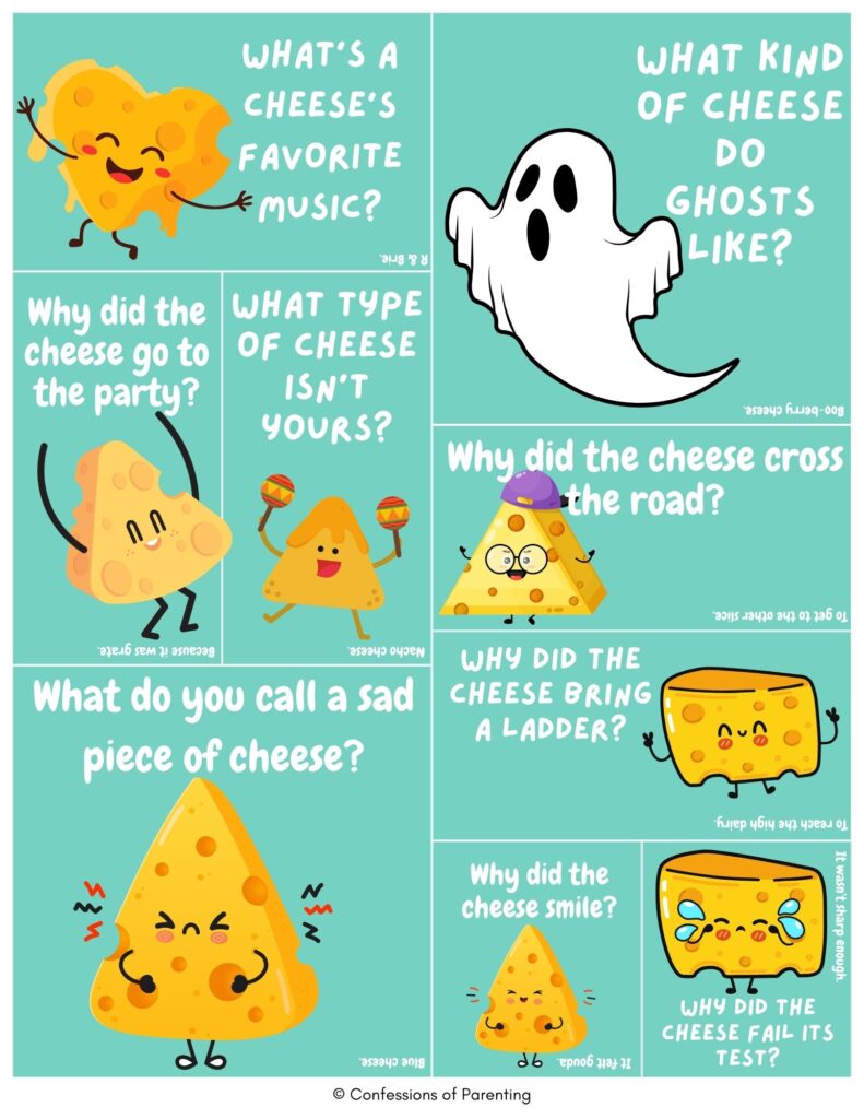 cheese jokes for kids featuring cute cartoon cheese characters and funny question-and-answer cheese puns, including ghost and music jokes, on a teal background.