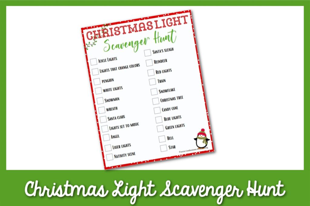 Example of the printable Christmas Light-themed scavenger hunt with a green border. 