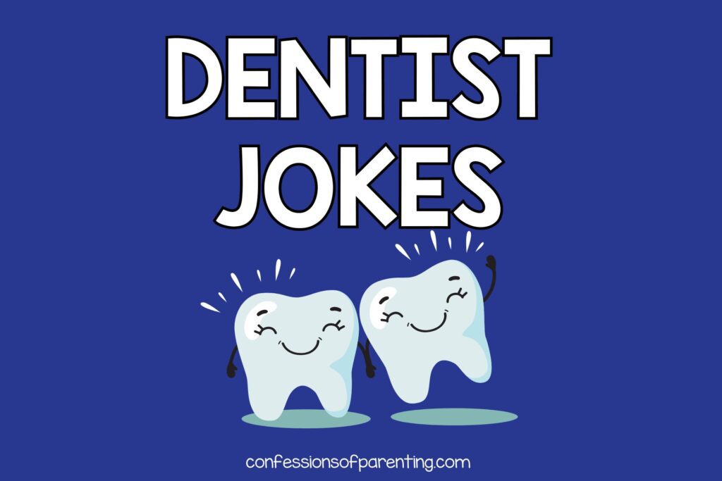 Two teeth on blue background with white text "dentist jokes"