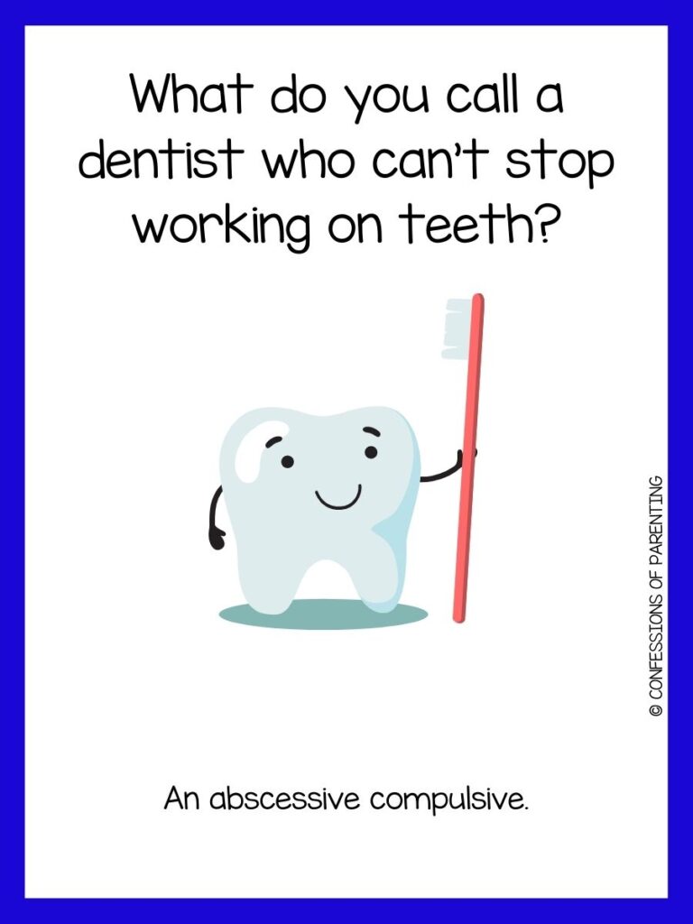 tooth with toothbrush on white background with blue border