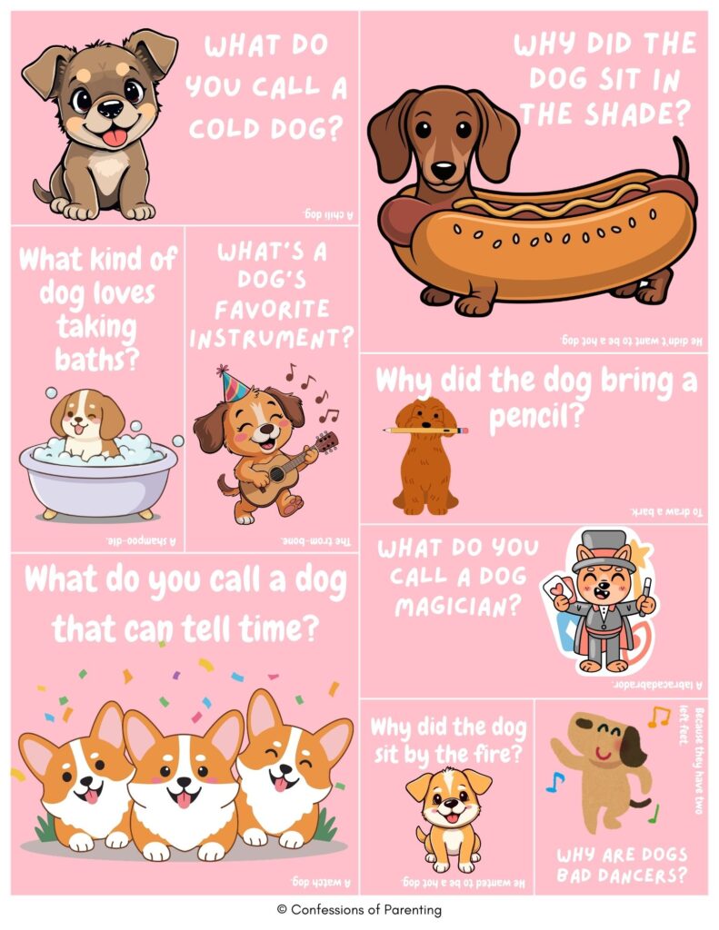 dog jokes for kids featuring cute cartoon puppies, corgis, dachshund hot dog, and funny question-and-answer dog puns on a pink background.