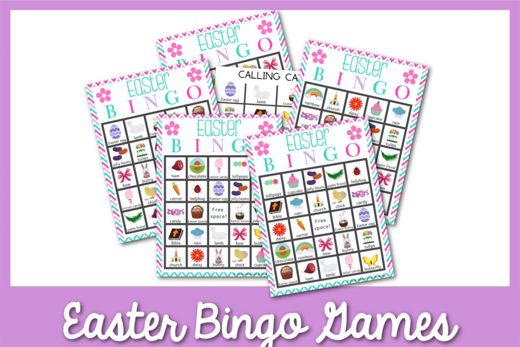 Examples of the Easter-themed bingo cards with a purple border. 