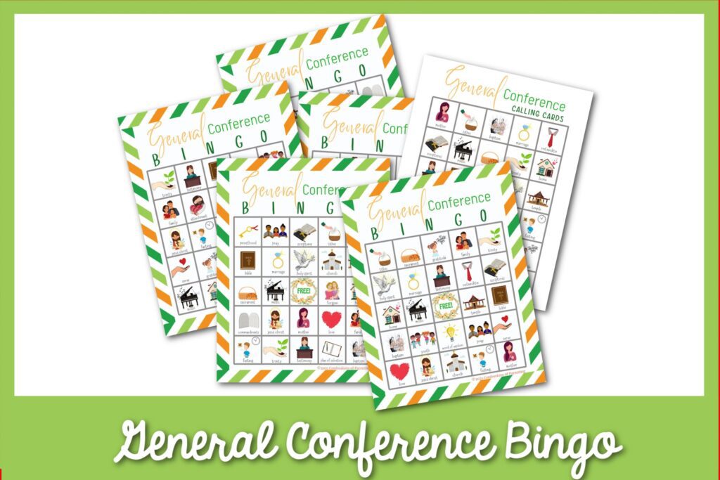 Examples of the General Conference themed bingo cards with a green border. 