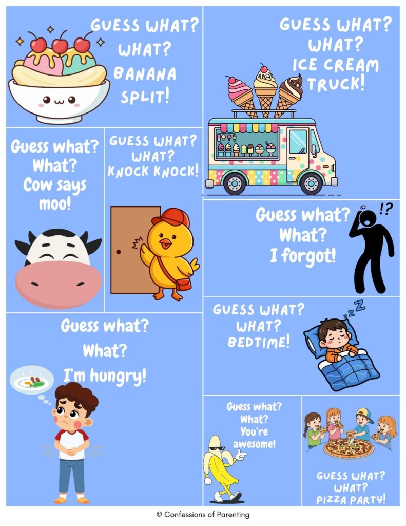 “Guess What?” jokes for kids featuring funny cartoon illustrations like banana split, ice cream truck, cow, bedtime, pizza party, and silly surprise punchlines on a blue background.