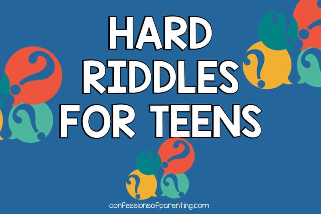 blue background with bold white text "hard riddles for teens" and multicolored question marks on the sides and bottom
