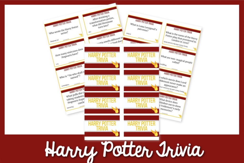 Examples of the Harry Potter-themed trivia question cards with a maroon colored  border. 