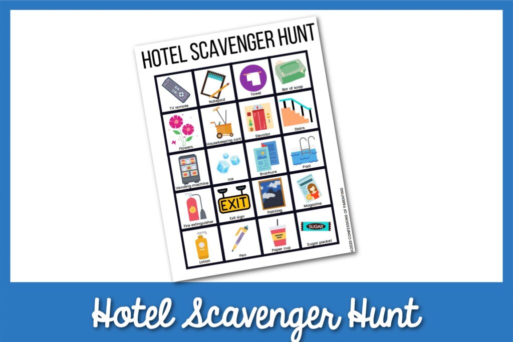 Example of the hotel-themed scavenger hunt with a blue border. 