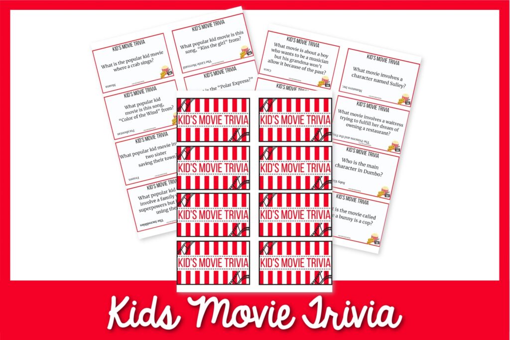 Examples of the kids' movie-themed trivia cards with a red border. 