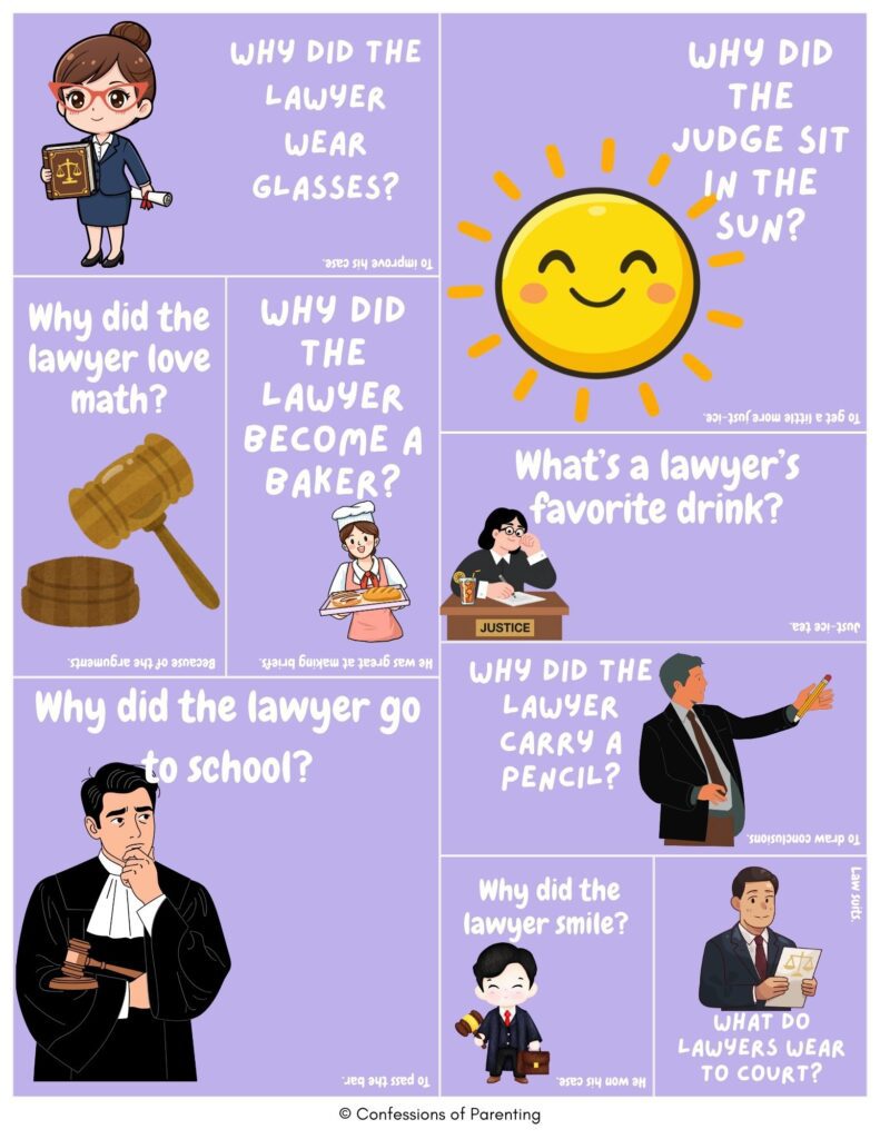 lawyer jokes for kids featuring cartoon lawyers, judges, gavels, and courtroom humor with funny question-and-answer legal puns on a purple background.