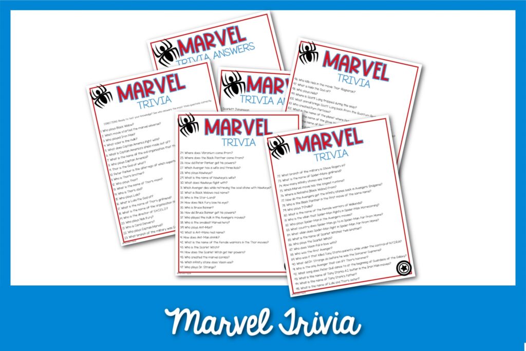 Examples of the Marvel-themed trivia printable with a blue border. 
