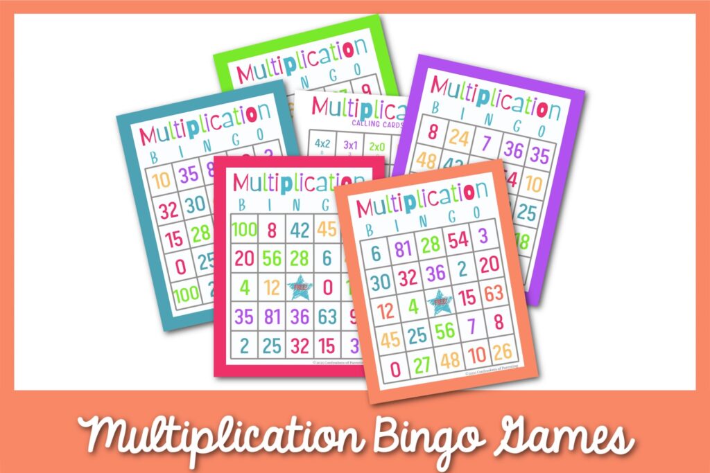 Examples of the multiplication bingo cards with a peach color border.  