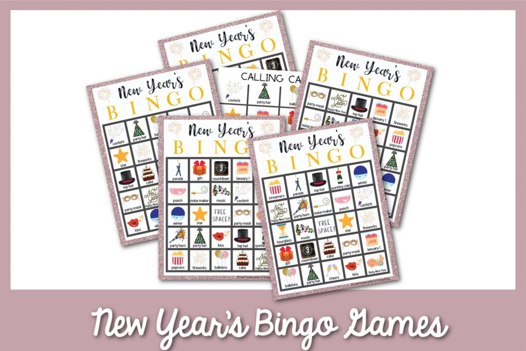 Examples of the new Year's-themed bingo cards with a gray border. 